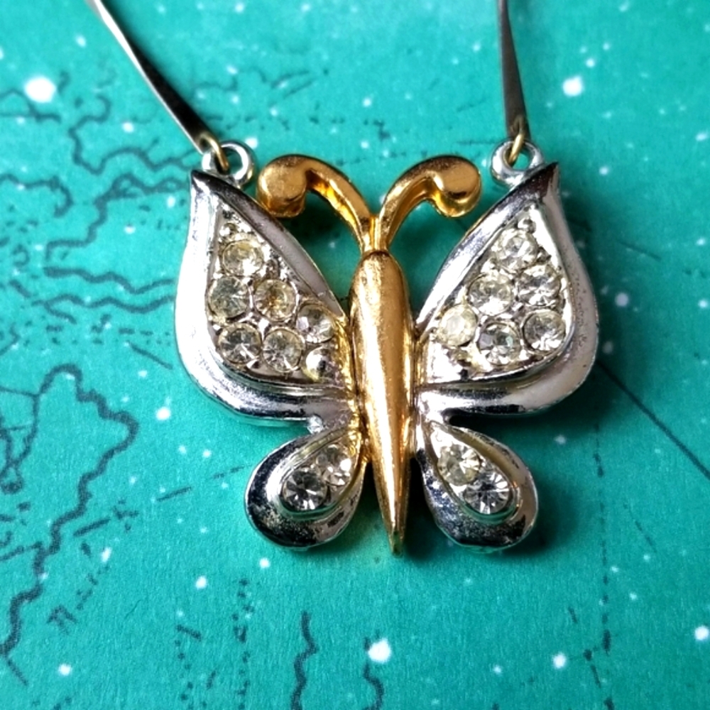 Butterfly necklace gold and silver tone clear crystal insect bug moth choker